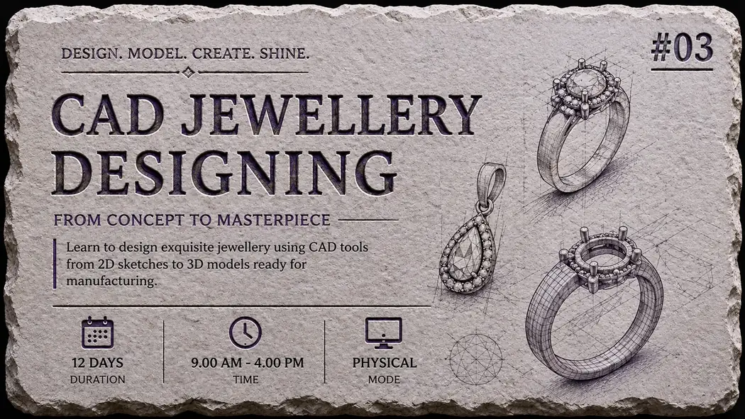 CAD Jewellery Designing: from concept to masterpiece. Design jewellery with CAD tools, from 2D sketches to 3D models ready for manufacturing. 12 days, 9.00 AM to 4.00 PM, physical.
